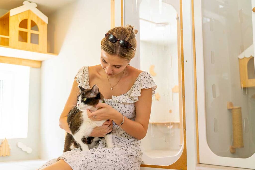 A caregiver gently tending to a dog in a clean boarding kennel with separate cat enclosures visible in the background.
