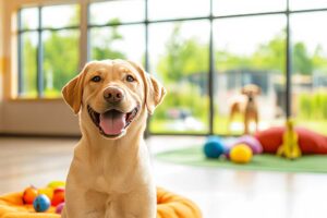 A pet owner reviews a boarding update while a relaxed dog rests with a familiar blanket nearby.
